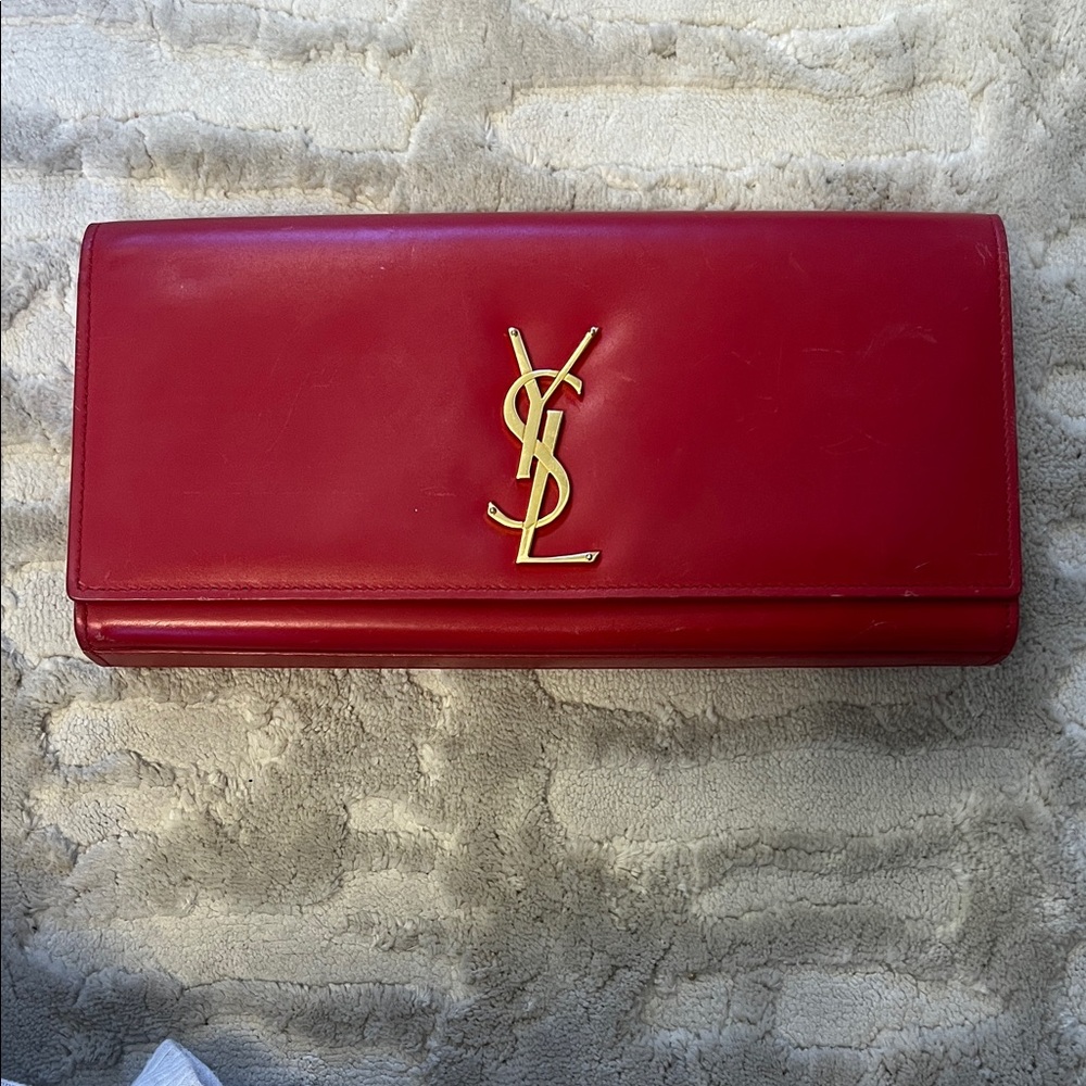 Saint Laurent Red Leather YSL Logo Flap Clutch